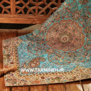 رومیزی مربع ترمه برند نگین خاتم طرح افشار رنگ آبی فیروزه ای